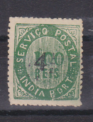 1223.jpg -     Lote:    1223            Índia       Descrição:         1883 &mdash; Nativos. Com sobretaxa em moeda local. Tipo II. CE124, 4 &frac12; s/ 100 reis verde, papel espesso. Valor de catálogo &euro; 70,00.        **       Valor Base:     &euro; 18,00     Valor Venda:     &euro; 24,00       