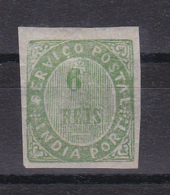 1224.jpg -     Lote:    1224            Índia       Descrição:         1883 &mdash; Nativos. Valor em moeda local. Tipo IIIC. CE128, 6 reis, verde amarelo. Valor de catálogo &euro; 140,00.        *       Valor Base:     &euro; 35,00     Valor Venda:     &euro; 35,00       