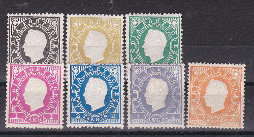 1227.jpg -     Lote:    1227            Índia       Descrição:         1886 &mdash; D. Luís I. Fita direita. CE 132/138. Série completa em denteado 12 &frac12;, com excepção CE138 em denteado 13 &frac12;. Valor de catálogo &euro; 118,00. MB.        **       Valor Base:     &euro; 30,00     Valor Venda:     Retirado     