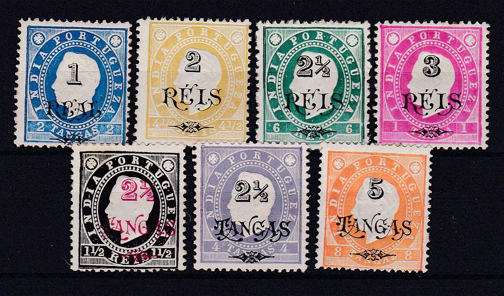 1229.jpg -     Lote:    1229            Índia       Descrição:         1902 &mdash; D. Luís I, fita direita, com sobretaxa. CE167/173. Série completa com goma original e leve sinal de charneira, com exceção selo CE172 sem goma, em denteado 12 &frac12;. Valor de catálogo &euro; 94,40.        **/*       Valor Base:     &euro; 20,00     Valor Venda:     Retirado     