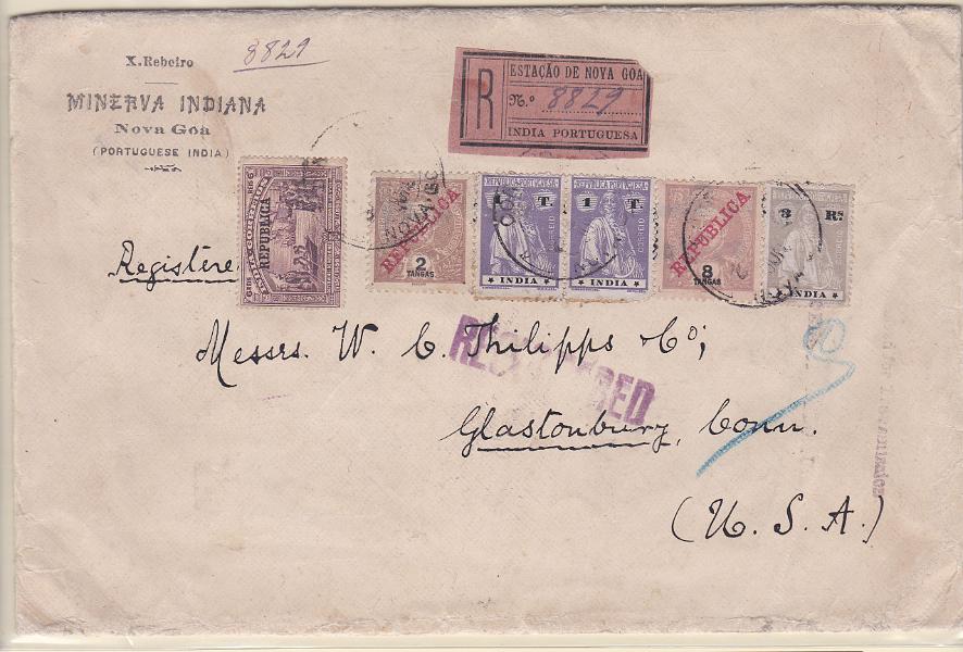 1231.jpg -     Lote:    1231            Índia       Descrição:         1914 &mdash; Ceres + D. Carlos I, com sobrecarga REPUBLICA da Casa da Moeda + 4.º Centenário do Descobrimento do Caminho Marítimo para a Índia, com sobrecarga REPUBLICA. Sobrescrito circulado registado de Nova Goa para Nova York (21.07.15) com selos de 2T e 8T CE208 e 212, 6 reis CE248, 3 reis CE258 e par de 1T CE264.        Carta       Valor Base:     &euro; 50,00     Valor Venda:     Retirado     