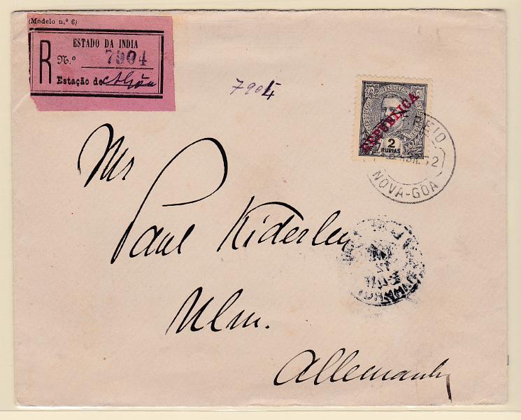 1232.jpg -     Lote:    1232            Índia       Descrição:         1911 &mdash; D. Carlos I Mouchon, com sobrecarga REPUBLICA da Casa da Moeda. CE215, 2R ardósia s/ amarelo em sobrescrito circulado registado de Nova Goa (08.04.22) para a Alemanha (08.04.22). B e R.        Carta       Valor Base:     &euro; 70,00     Valor Venda:     Retirado     