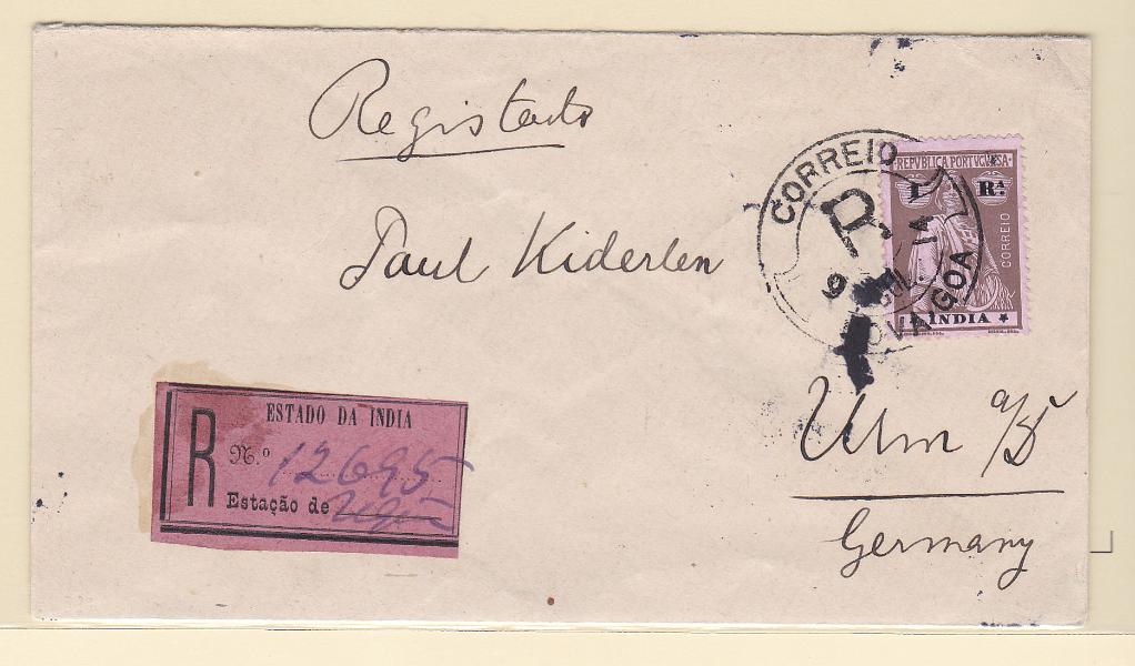 1241.jpg -     Lote:    1241            Índia       Descrição:         1914 &mdash; Ceres. CE270, 1R castanho s/ rosa, papel porcelana, denteado 15x14, estrelas II/II, em sobrescrito circulado registado de Nova Goa (09.07.14) para a Alemanha (26.07.14). MB e MR.        Carta       Valor Base:     &euro; 35,00     Valor Venda:     Retirado     