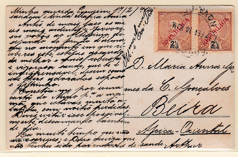 1242.jpg -     Lote:    1242            Índia       Descrição:         1914 &mdash; D. Carlos I, com sobrecarga REPUBLICA local. CE274, 2 &frac12; reis em postal ilustrado circulado de Nova Goa (07.02.14) para a Beira / Moçambique.        PI       Valor Base:     &euro; 15,00     Valor Venda:     &euro; 32,00       