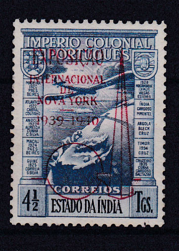 1270.jpg -     Lote:    1270            Índia       Descrição:         1938 &mdash; Correio Aéreo. Império Colonial Português, com sobrecarga "Exposição Internacional de Nova York 1939-1940". CE CA4A, 4 &frac12; T. Selo com goma não original.         ***       Valor Base:     &euro; 40,00     Valor Venda:     Retirado     
