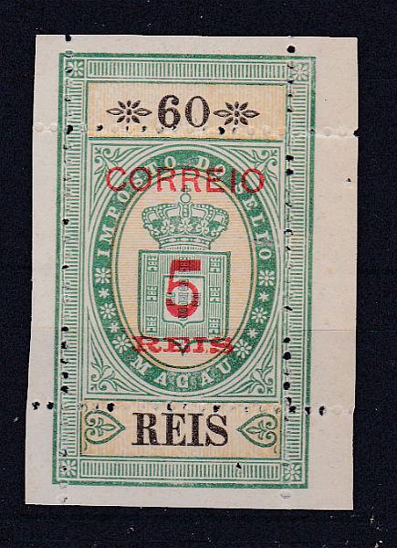 1274.jpg -     Lote:    1274            Macau       Descrição:         1887 &mdash; Selos fiscais, com sobretaxa e denteados. CE29, 5 s/ 60 reis. Valor de catálogo &euro; 150.00.        *       Valor Base:     &euro; 30,00     Valor Venda:     Retirado     