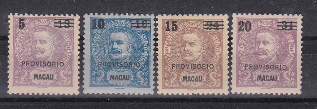 1284.jpg -     Lote:    1284            Macau       Descrição:         1899 &mdash; D. Carlos I, com sobretaxa. CE 91/94. Série completa. Valor de catálogo &euro; 70,00.        **/*       Valor Base:     &euro; 15,00     Valor Venda:     &euro; 15,00       