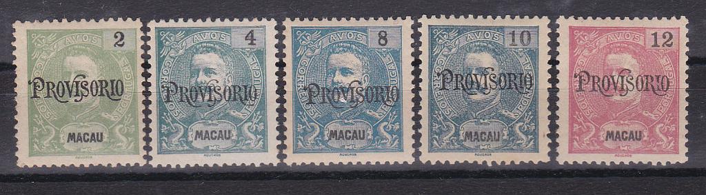 1292.jpg -     Lote:    1292            Macau       Descrição:         1902 &mdash; D. Carlos I Mouchon. CE 124/28. Série completa. Selos com e sem goma conforme emitidos. Valor de catálogo &euro; 135,00.        **/*       Valor Base:     &euro; 30,00     Valor Venda:     &euro; 30,00       