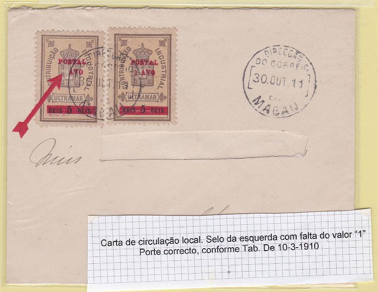 1295.jpg -     Lote:    1295            Macau       Descrição:         1911 &mdash; Estampilha fiscal, com sobretaxa. Sobrescrito circulado em Macau (30.10.1910) com dois selos de 1 avo s/ 5 reis CE144. Um dos selos sem o algarismo "1".        Carta       Valor Base:     &euro; 80,00     Valor Venda:     Retirado     