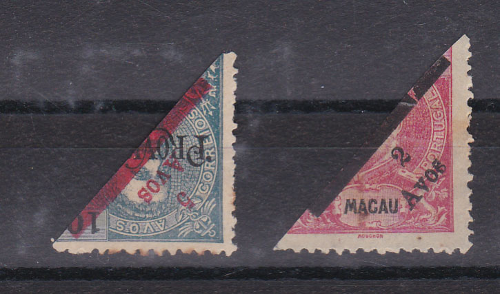 1297.jpg -     Lote:    1297            Macau       Descrição:         1911 &mdash; D. Carlos I, com sobretaxa. CE 145/146. Série completa em meios-selos.        *       Valor Base:     &euro; 30,00     Valor Venda:     Retirado     