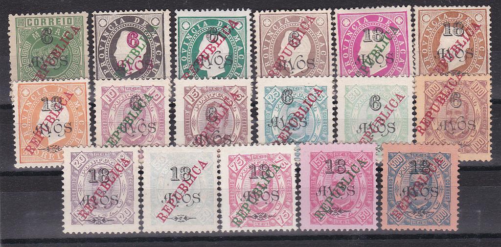 1300.jpg -     Lote:    1300            Macau       Descrição:         1913 &mdash; Tipo Coroa, D. Luís I, fita direita e D. Carlos I sobretaxados, com sobrecarga REPUBLICA local. CE165/181. Série completa. Selos sem goma como emitidos. Valor de catálogo &euro; 395,00.        *       Valor Base:     &euro; 100,00     Valor Venda:     &euro; 140,00       