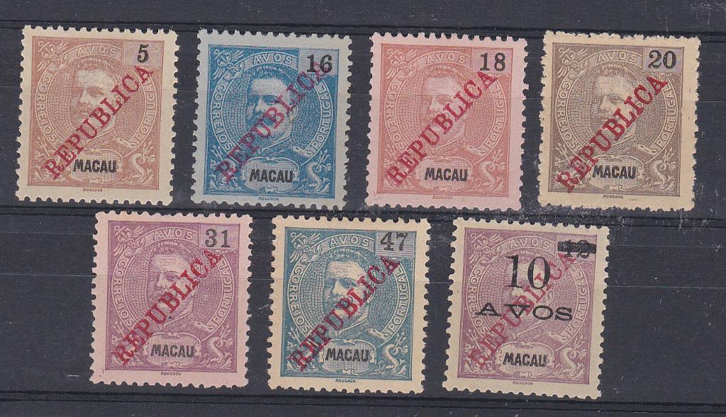 1307.jpg -     Lote:    1307            Macau       Descrição:         1913 &mdash; D. Carlos I Mouchon, com sobrecarga REPUBLICA tipografada localmente. Lote de 7 selos de 5, 16, 18, 20, 31, 47 e 10 avos s/ 12 avos, CE187, 192/197. Valor de catálogo &euro; 312,00.        *       Valor Base:     &euro; 60,00     Valor Venda:     &euro; 140,00       