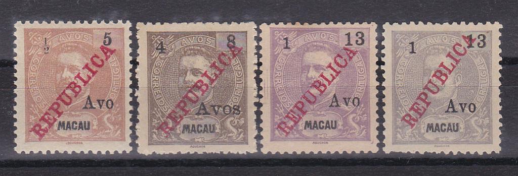 1308.jpg -     Lote:    1308            Macau       Descrição:         1913 &mdash; D. Carlos I Mouchon com sobrecarga REPUBLICA da Casa da Moeda, com sobretaxa + D. Carlos I com REPUBLICA local e sobretaxa. CE 198/201. Série completa. Valor de catálogo &euro; 143,00.        **/*       Valor Base:     &euro; 35,00     Valor Venda:     &euro; 65,00       