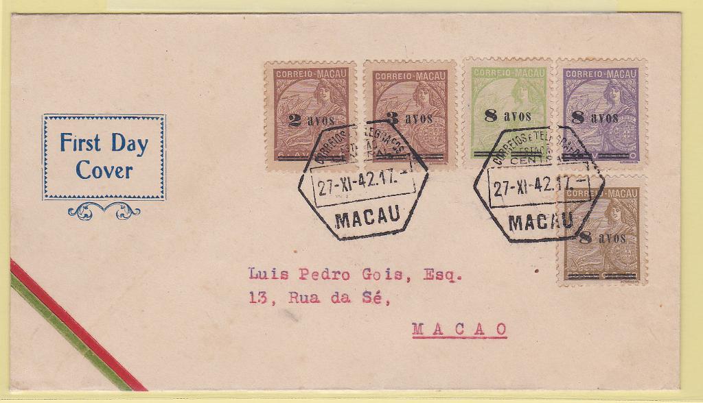 1318.jpg -     Lote:    1318            Macau       Descrição:         1942 &mdash; Padrões, com sobretaxa. CE309/310 e 313/315 em sobrescrito comemorativo do 1.º dia de circulação, circulado em Macau (27.11.42). Não catalogado o FDC.        Carta       Valor Base:     &euro; 25,00     Valor Venda:     &euro; 65,00       