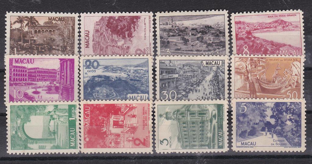 1322.jpg -     Lote:    1322            Macau       Descrição:         1948 &mdash; Motivos locais. CE 327/338. Série completa. Selos de 2 e 5P sem goma. Lote a ver. Valor de catálogo &euro; 400,00.        **/*       Valor Base:     &euro; 50,00     Valor Venda:     &euro; 50,00       