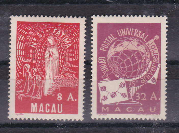1323.jpg -     Lote:    1323            Macau       Descrição:         1949 &mdash; Nossa Senhora de Fátima + 75.º Aniversário da UPU. CE 339/340. Valor de catálogo &euro; 112,00.        **       Valor Base:     &euro; 22,00     Valor Venda:     Retirado     
