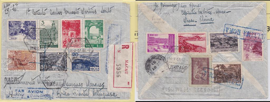 1325.jpg -     Lote:    1325            Macau       Descrição:         1948 &mdash; Motivos locais. Sobrescrito circulado registado por via aérea de Macau (18.05.51) para Lourenço Marques (29.05.51) com série completa CE 327/338 + CE353. Carimbo de "ULTIMA HORA" batido a zul.        Carta       Valor Base:     &euro; 75,00     Valor Venda:     &euro; 160,00       