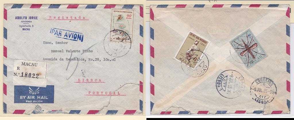 1329.jpg -     Lote:    1329            Macau       Descrição:         1953/62 &mdash; Carta Geográfica de Macau + Erradicação do Paludismo + Arte Sacra Missionária. Sobrescrito circulado registado de Macau (05.07.65) para Portugal com selos de 90 avos CE392 + 8 avos CE371 + 40 avos CE403.        Carta       Valor Base:     &euro; 12,00     Valor Venda:     Retirado     