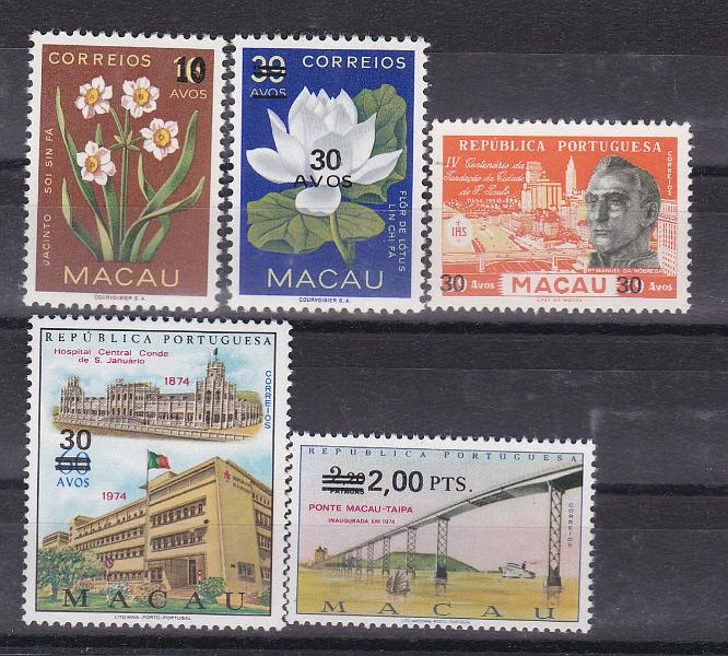 1332.jpg -     Lote:    1332            Macau       Descrição:         1979/80 &mdash; Selos do Correio Ordinário, com sobretaxa. CE 445/449. Série completa. Valor de catálogo &euro; 445/449. Valor de catálogo &euro; 95,00.        ***       Valor Base:     &euro; 25,00     Valor Venda:     &euro; 32,00       