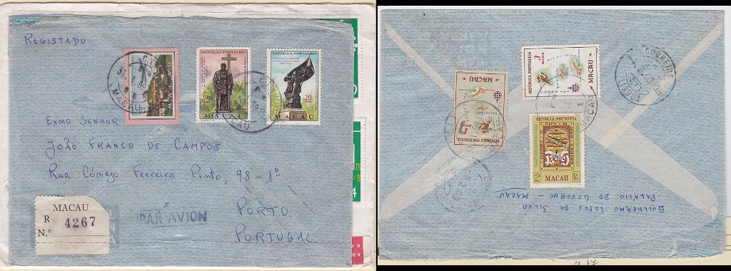 1338.jpg -     Lote:    1338            Macau       Descrição:         1956/68 &mdash; Carta Geográfica de Macau + Centenário da Morte do Infante D. Henrique + Centenário do Nascimento de Pedro Alvares Cabral + Correio Aéreo * Vistas de Macau. Sobrescrito circulado registado de Macau (31.01.69) para Portugal, com selos CE386, 387, 396, 418/419 e CA17. B.        Carta       Valor Base:     &euro; 20,00     Valor Venda:     Retirado     