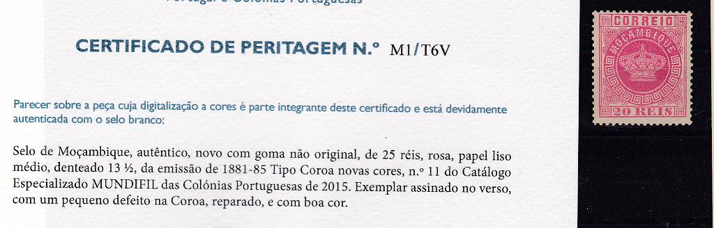 1348.jpg -     Lote:    1348            Moçambique       Descrição:         1881/85 &mdash; Tipo Coroa. Novas cores. CE11, 20 reis rosa. Selo com goma não original. Valor de catálogo &euro; 1.900,00.        (*)       Valor Base:     &euro; 250,00     Valor Venda:     Retirado     