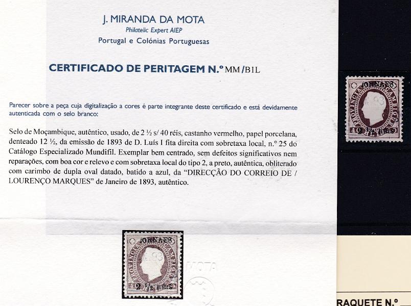 1351.jpg -     Lote:    1351            Moçambique       Descrição:         1893 &mdash; D. Luís I. Fita direita, com sobretaxa. CE25, 2 &frac12; reis s/ 40 reis, castanho vermelho, denteado 12 &frac12;, sem defeitos, com sobretaxa local tipo 2. Valor de catálogo &euro; 245,00. Certificado de Peritagem de J. Miranda da Mota.        O       Valor Base:     &euro; 50,00     Valor Venda:     &euro; 60,00       