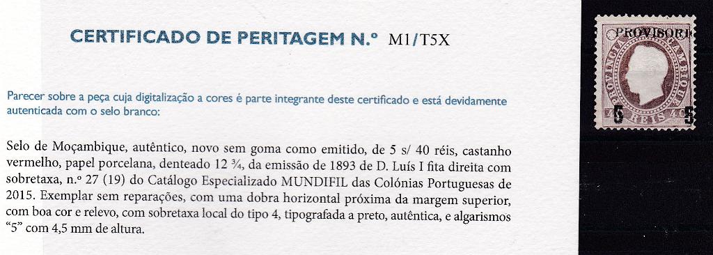 1353.jpg -     Lote:    1353            Moçambique       Descrição:         1893 &mdash; D. Luís I, fita direita, com sobretaxa. CE27, 5 reis s/ 40 reis, sobrecarga 4, com algarismo de 5mm à esquerda e 4,5 à direita. MB. Valor de catálogo &euro; 520,00.        **       Valor Base:     &euro; 125,00     Valor Venda:     &euro; 160,00       