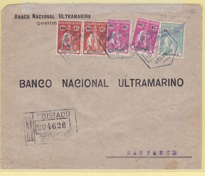 1366.jpg -     Lote:    1366            Moçambique       Descrição:         1914/22 &mdash; Ceres. So0brescrito circulado registado de Quelimane (09.04.32) para Santarém, com selos de 10cx2, 40c e 2x80c CE162, 242 e 243.        Carta       Valor Base:     &euro; 15,00     Valor Venda:     Retirado     