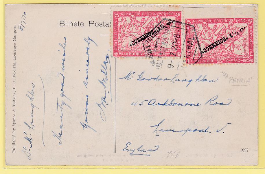 1369.jpg -     Lote:    1369            Moçambique       Descrição:         1918/20 &mdash; Taca de Guerra, com sobretaxa. CE202, 1 &frac12; c s/ 5c. Dois selos em postal ilustrado circulado de L. Marques (09.07.20) para a Inglaterra. Um dos selos com variedade "PETRIA".        PI       Valor Base:     &euro; 20,00     Valor Venda:     &euro; 44,00       