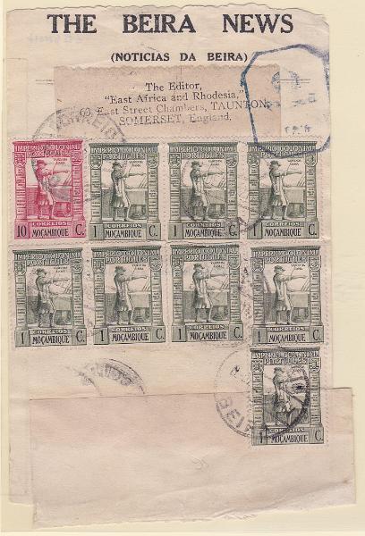 1375.jpg -     Lote:    1375            Moçambique       Descrição:         1938 &mdash; Império Colonial Português. Frente de cinta do jornal "The Beira News", circulado da Beira (08.12.41) para Inglaterra, com 8 selos de 1c + selo de 10c. CE289 e 291. B e R.        CNT       Valor Base:     &euro; 35,00     Valor Venda:     Retirado     