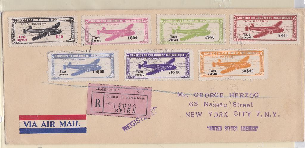 1384.jpg -     Lote:    1384            Moçambique       Descrição:         1947 &mdash; Correio Aéreo. "Avião", com legenda "Taxe perçue". CE CA 16/23. Série completa em sobrescrito circulado registado da Beira (22.05.47) para os EUA (30.05.47). MB.        Carta       Valor Base:     &euro; 45,00     Valor Venda:     &euro; 50,00       