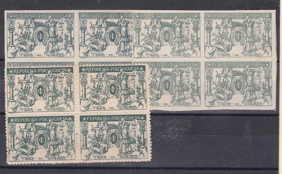 1387.jpg -     Lote:    1387            Moçambique       Descrição:         1916 &mdash; Imposto Postal. Taxa de Guerra. Lote composto por duas quadras não denteadas do selo IP1 em verde e verde claro + quadra CE IP3.        ***       Valor Base:     &euro; 25,00     Valor Venda:     &euro; 25,00       