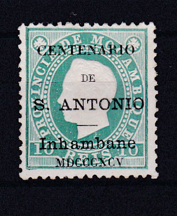1396.jpg -     Lote:    1396            Inhambane       Descrição:         1895 &mdash; Selos de D. Luís I fita direita, com sobrecarga "Centenário de S. António". CE2, 10 reis verde, denteado 12 &frac12;. Valor de catálogo &euro; 78,00.        *       Valor Base:     &euro; 22,00     Valor Venda:     &euro; 140,00       