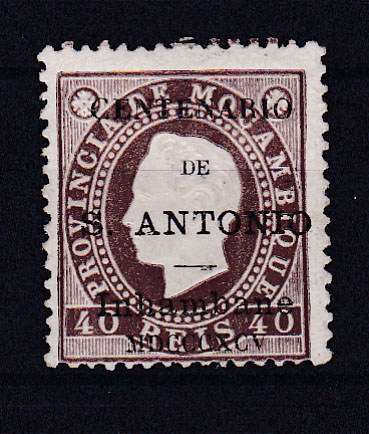 1398.jpg -     Lote:    1398            Inhambane       Descrição:         1895 &mdash; Selos de D. Luís I fita direita, com sobrecarga "Centenário de S. António". CE5, 40 reis castanho vermelho, denteado 12 &frac12;. Valor de catálogo &euro; 117,00.        **       Valor Base:     &euro; 35,00     Valor Venda:     &euro; 70,00       