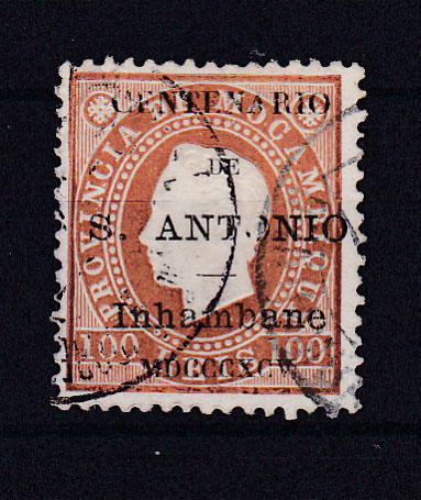 1400.jpg -     Lote:    1400            Inhambane       Descrição:         1895 &mdash; Selos de D. Luís I fita direita, com sobrecarga "Centenário de S. António". CE7, 100 reis castanho amarelo, denteado 12 &frac12;. Valor de catálogo &euro; 300,00.        O       Valor Base:     &euro; 75,00     Valor Venda:     &euro; 130,00       