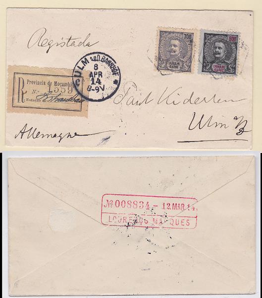 1412.jpg -     Lote:    1412            Inhambane       Descrição:         1903 &mdash; D. Carlos I Mouchon. Sobrescrito circulado registado de Inhambane para Ulm (08.04.14), com trânsito por Lourenço Marques (12.03.14), com selos de 500 e 700 reis CE 29/30.        Carta       Valor Base:     &euro; 100,00     Valor Venda:     Retirado     