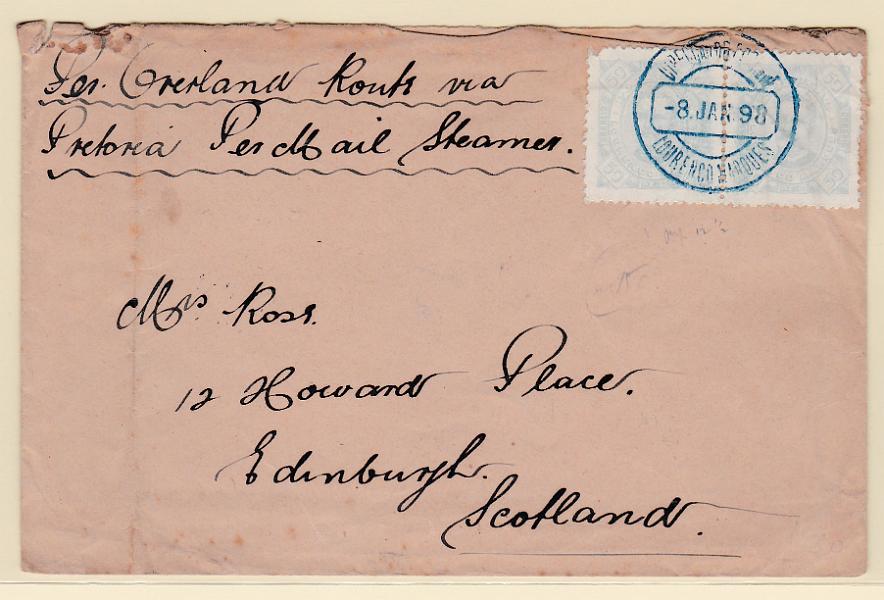 1414.jpg -     Lote:    1414            Lourenço Marques       Descrição:         1893/94 &mdash; D. Carlos I, tipo Diogo Neto. CE7, 50 reis azul claro, papel pontinhado, denteado 12 &frac12;. Par em sobrescrito circulado de L. Marques (08.01.98) para a Escócia (28.01.98).        Carta       Valor Base:     &euro; 20,00     Valor Venda:     &euro; 60,00       