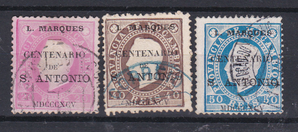 1417.jpg -     Lote:    1417            Lourenço Marques       Descrição:         1895 &mdash; Selos de D. Luís I. Fita direita de Moçambique, com sobrecarga do "Centenário de S. António". Lote de 3 selos de 20, 40 e 50 reis, CE16, 18 e 19. Valor de catálogo &euro; 126,00.        O       Valor Base:     &euro; 25,00     Valor Venda:     &euro; 25,00       