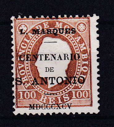 1418.jpg -     Lote:    1418            Lourenço Marques       Descrição:         1895 &mdash; Selos de D. Luís I fita direita, com sobrecarga "Centenário de S. António". CE20, 100 reis castanho amarelo, denteado 12 &frac12;. Valor de catálogo &euro; 156,00.        *       Valor Base:     &euro; 45,00     Valor Venda:     &euro; 85,00       