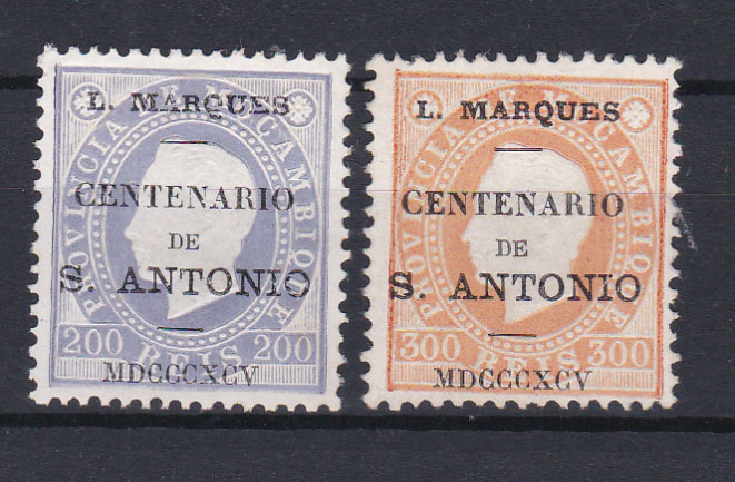 1419.jpg -     Lote:    1419            Lourenço Marques       Descrição:         1895 &mdash; Selos de D. Luís I fita direita, com sobrecarga "Centenário de S. António". CE 2&frac12;2, 200 e 300 reis, denteado 12 &frac12;. Valor de catálogo &euro; 174,00.        *       Valor Base:     &euro; 55,00     Valor Venda:     Retirado     