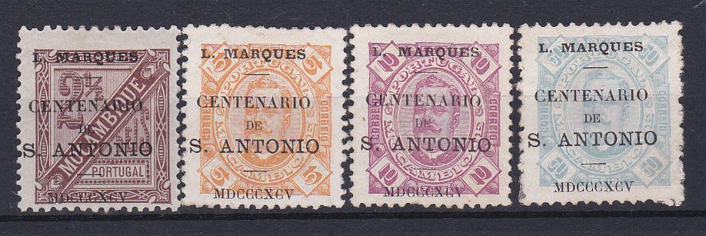 1420.jpg -     Lote:    1420            Lourenço Marques       Descrição:         1895 &mdash; Selos de D. Carlos I tipo Diogo Neto, com sobrecarga "Centenário de S. António". CE 23/26, 2 &frac12;, 5, 10 e 50 reis, denteados 11 &frac12;. Valor de catálogo &euro; 166,00.        *       Valor Base:     &euro; 50,00     Valor Venda:     &euro; 50,00       