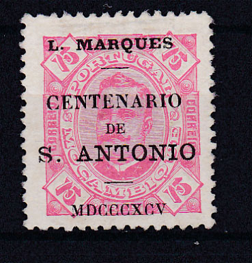 1421.jpg -     Lote:    1421            Lourenço Marques       Descrição:         1895 &mdash; Selos de D. Carlos I tipo Diogo Neto, com sobrecarga "Centenário de S. António". CE27, 75 reis carmim, denteado 12 &frac12;. Valor de catálogo &euro; 95,00.        *       Valor Base:     &euro; 30,00     Valor Venda:     &euro; 60,00       
