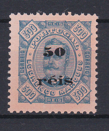 1423.jpg -     Lote:    1423            Lourenço Marques       Descrição:         1896 &mdash; Selos de D. Carlos I, com sobretaxa. CE31, 50 s/ 300 reis azul s/ laranja. Valor de catálogo &euro; 400,00.        *       Valor Base:     &euro; 100,00     Valor Venda:     &euro; 190,00       