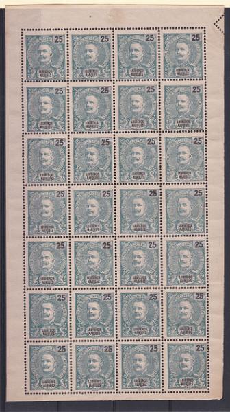 1426.jpg -     Lote:    1426            Lourenço Marques       Descrição:         1898/1901 &mdash; D. Carlos I Mouchon. CE37, 25 reis, denteado 13 &frac12;. Folha completa com 28 selos. Valor de catálogo &euro; 1.988,00.        *       Valor Base:     &euro; 50,00     Valor Venda:     Retirado     