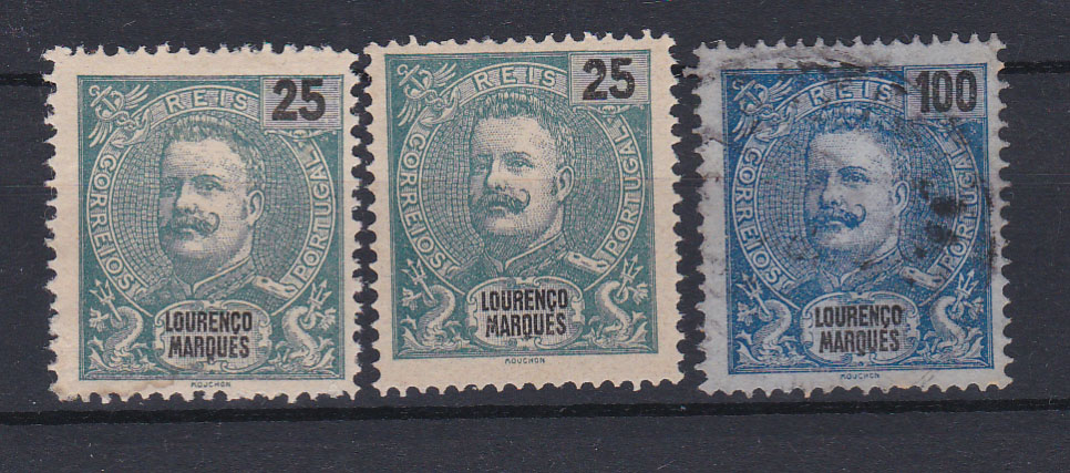 1427.jpg -     Lote:    1427            Lourenço Marques       Descrição:         1898/1901 &mdash; D. Carlos I Mouchon. CE37, 25 reis. Lote de dois selos em denteados 12 &frac12; e 13 &frac12; em estado de novo sem goma + CE41, 100 reis, denteado 13 &frac12;, em estado de usado. Valor de catálogo &euro; 246,00.        */O       Valor Base:     &euro; 48,00     Valor Venda:     Retirado     