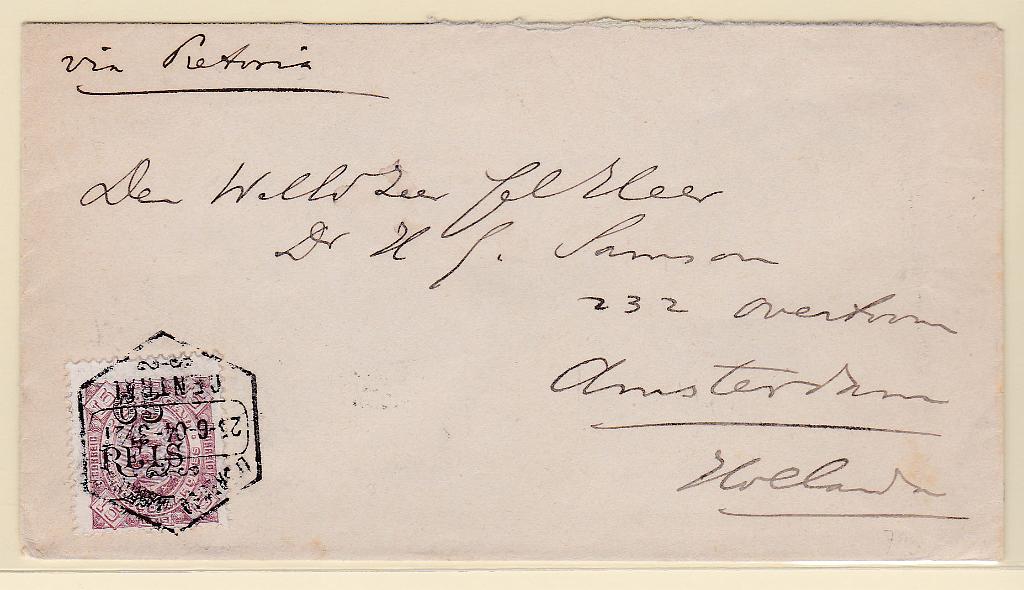 1431.jpg -     Lote:    1431            Lourenço Marques       Descrição:         1903 &mdash; D. Carlos I, tipo Diogo Neto, com sobretaxa. CE54, 65 reis s/ 15 reis em sobrescrito circulado de L. Marques (23.06.04) para a Holanda (17.07.04).        Carta       Valor Base:     &euro; 65,00     Valor Venda:     &euro; 65,00       