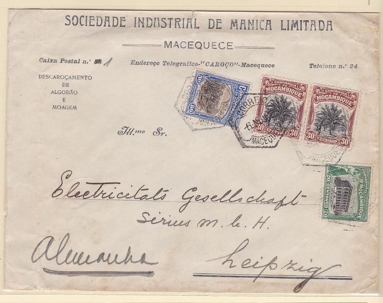 1456.jpg -     Lote:    1456            Companhia de Moçambique       Descrição:         1918/23 &mdash; Motivos locais. Sobrescrito circulado de Macequece (06.11.31) para a Alemanha, com selos de 20C CE128, par de 30C CE129 e 80C CE149.        Carta       Valor Base:     &euro; 20,00     Valor Venda:     Retirado     