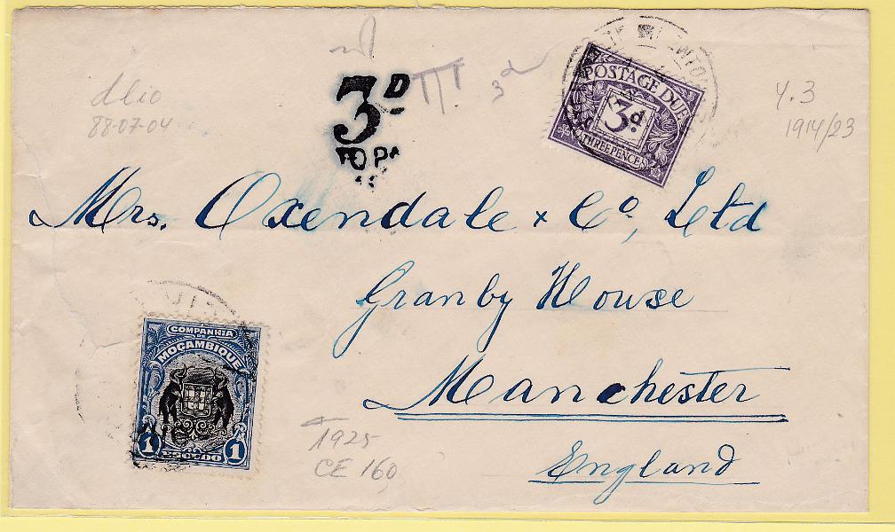 1457.jpg -     Lote:    1457            Companhia de Moçambique       Descrição:         1925 &mdash; Motivos locais. Sobrescrito circulado da Beira para a Inglaterra com selo de 1E CE160. Insuficientemente franquiada foi porteado com selo de 3d no destino. B        Carta       Valor Base:     &euro; 20,00     Valor Venda:     Retirado     
