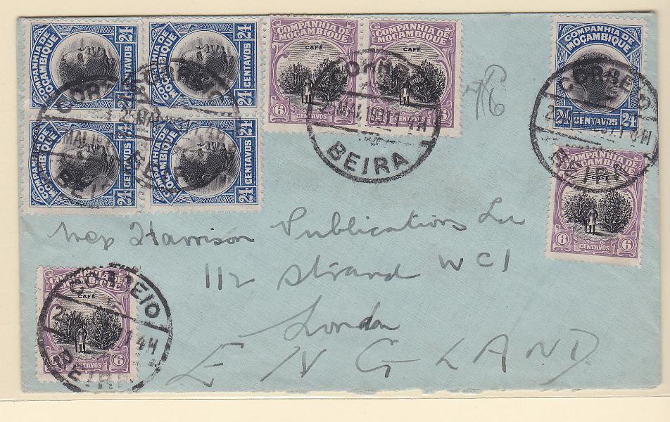 1458.jpg -     Lote:    1458            Companhia de Moçambique       Descrição:         1925/31 &mdash; Motivos locais. Sobrescrito circulado da Beira (25.05.31) para a Inglaterra, com 6 selos de 6C CE154 e 4 selos de 24C CE162.        Carta       Valor Base:     &euro; 18,00     Valor Venda:     Retirado     