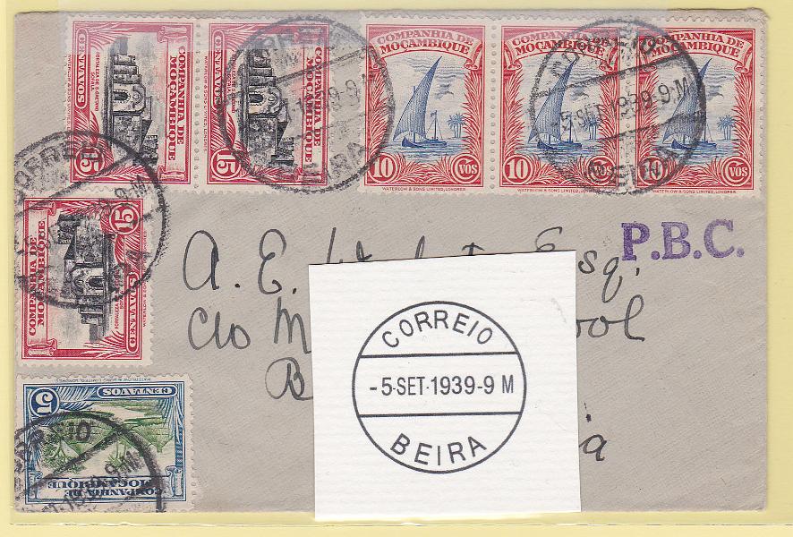 1460.jpg -     Lote:    1460            Companhia de Moçambique       Descrição:         1937 &mdash; Motivos diversos. Sobrescrito circulado da Beira (05.09.39) para a Rodésia (08.09.39) com tira de 3 selos de 10c CE174 + par e selo isolado de 15c CE175 e selo de 5c CE173, perfazendo o porte de 80c.        Carta       Valor Base:     &euro; 15,00     Valor Venda:     Retirado     